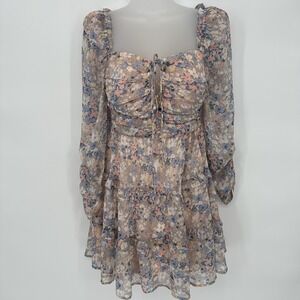 ASTR The Label Long Sleeve Smocked Tiered Ruffle Floral Romantic Mini Dress Sz M